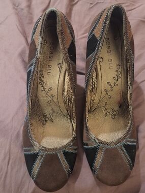 Vintage Bobbi Blu Brown Leather Jordana Patchwork Seude Heels
